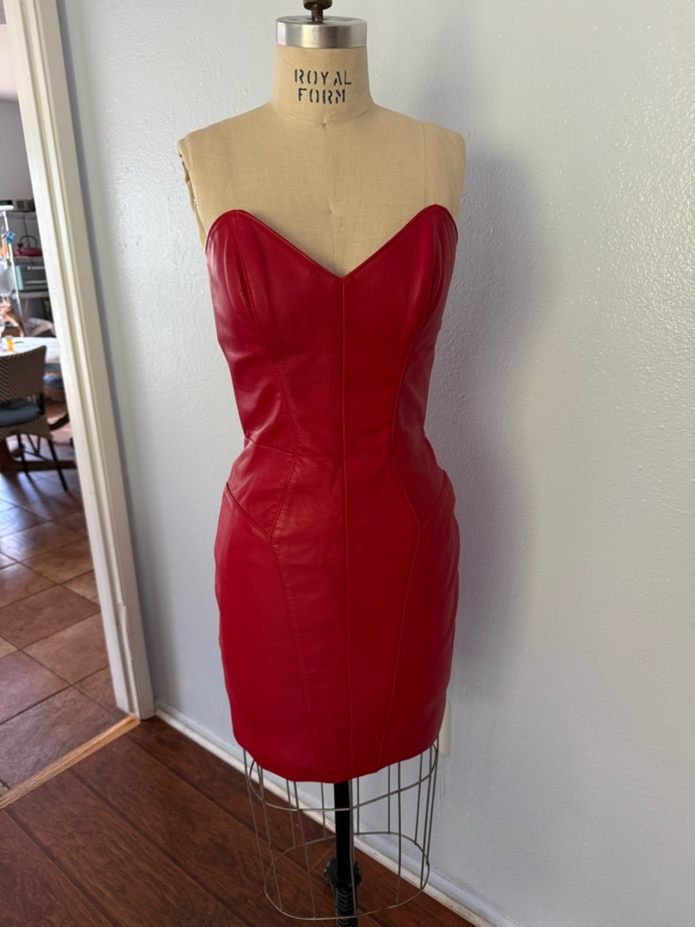 Michael Hoban Red Strapless Leather Sheath Dress